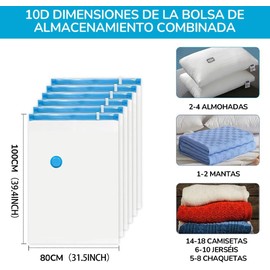 6 Piezas 100x80CM Bolsas de Almacenamiento Al Vacío, Bolsas de Vacío con Bomba Manual, Bolsas de Compresión para Ahorrar Espacio, Bolsas Reutilizables para Ropa, Mantas Y Edredones（6pcs 100×80cm）