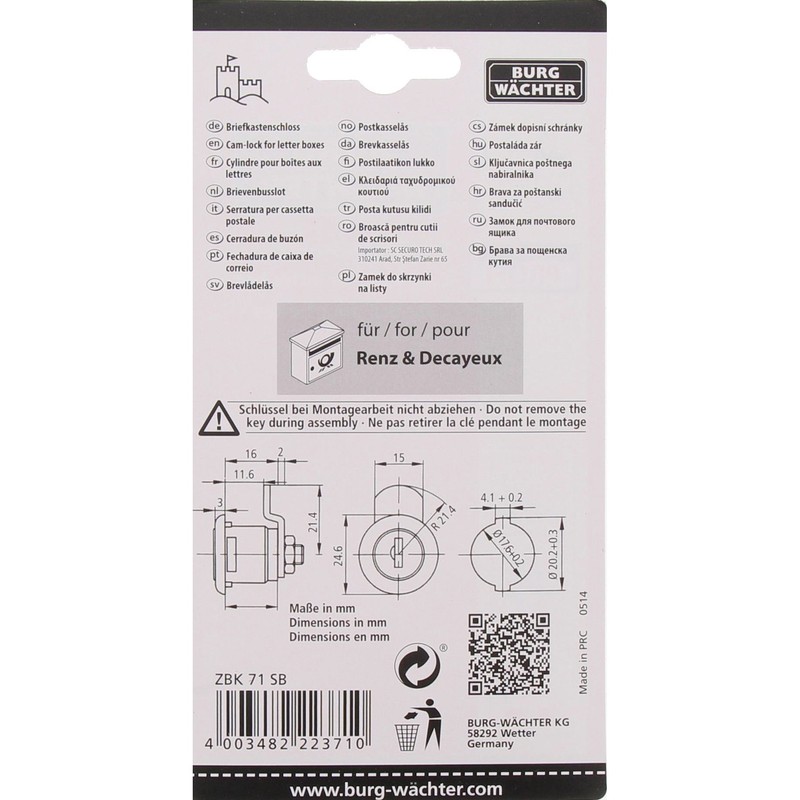 BURG-WÄCHTER Replacement Cylinder for Cam Lock for Letter Box, for