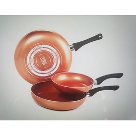 Copper Cuisine by Healthy Living Skillets. 3-piece nonstick cookware set includes 8-inch, 10-inch, and 12-inch skillets