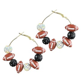 Sport Baseball Softball Football Sparkly Beaded Hoop Earrings Team Fans Players Cheer Earrings-Football Black