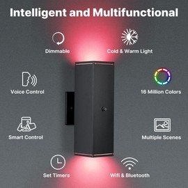 futxnziey Outdoor Wall Lights 2 Pack, RGBCW Exterior Lighting Sconce,2700K-6500K Dimmable Smart Porch Lights Outdoor for House Patio Garage, Compatible with Alexa/Google Assistant, Bulb Included