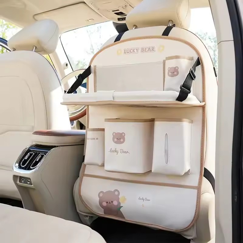 PU Leather Car Seat Back Organizer with Foldable Tray, Multi-Pocket