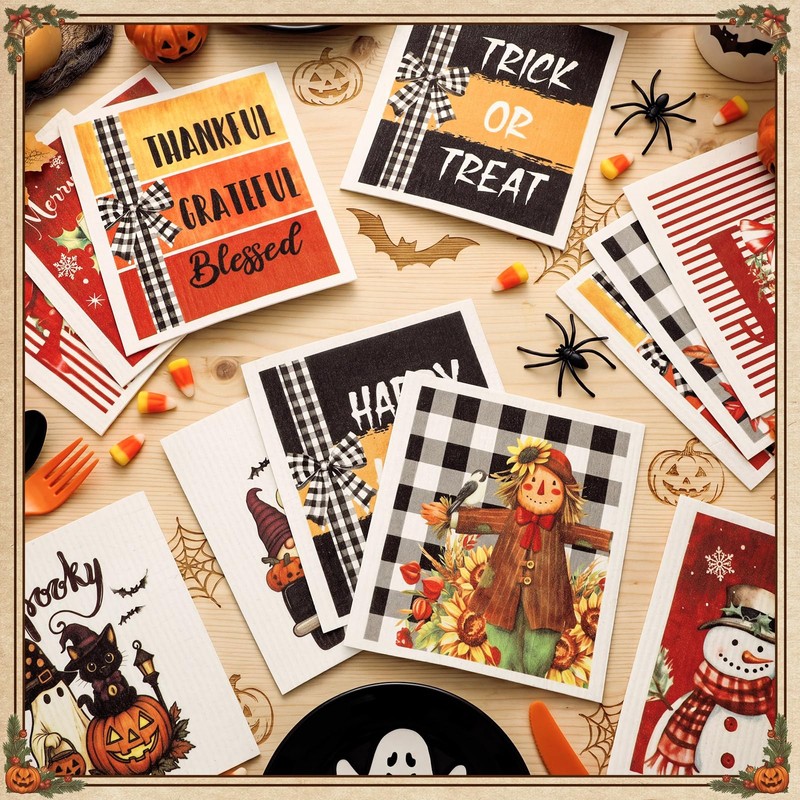 12 Pcs Halloween Thanksgiving Christmas Swedish Dish Towels