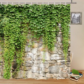 Spring Scenery Shower Curtains Set Green Leaves Plant Vine Stone Wall View Pattern Bathroom Decor Polyester Fabric Bath Accessories Curtain 70 x 70 Inch with Hooks