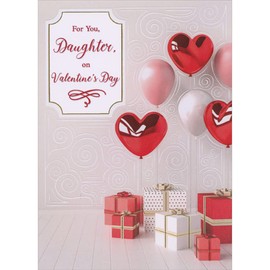 Designer Greetings 3 Red Heart Shaped Balloons, 3 Pink and White Balloons and 6 Presents Valentine's Day Card for Teen/Teenage Daughter