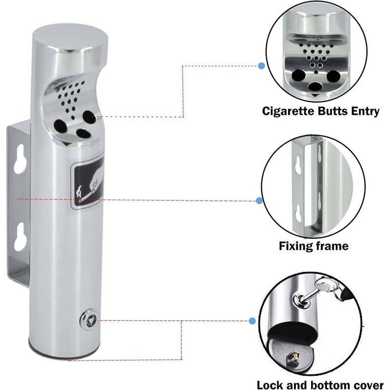 Rondi Wall Mounted Ashtray Stainless Steel for Restaurants, Offices and
