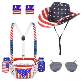 Harsever 4th of July Patriotic Fanny Packs,USA Beverage Beer Belt Set with Cowboy Hat Suspenders Drink Holder Flag Headband Wristband Sunglasses for Independence Day (Waist Pack Set 1)