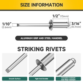 Mywish (250Pcs) 3/16" x 1/2" Blind Pop Rivets 3/16 Aluminum Grip and Steel Mandrel Blind Rivets, Open End 3/16 Rivets for Metal