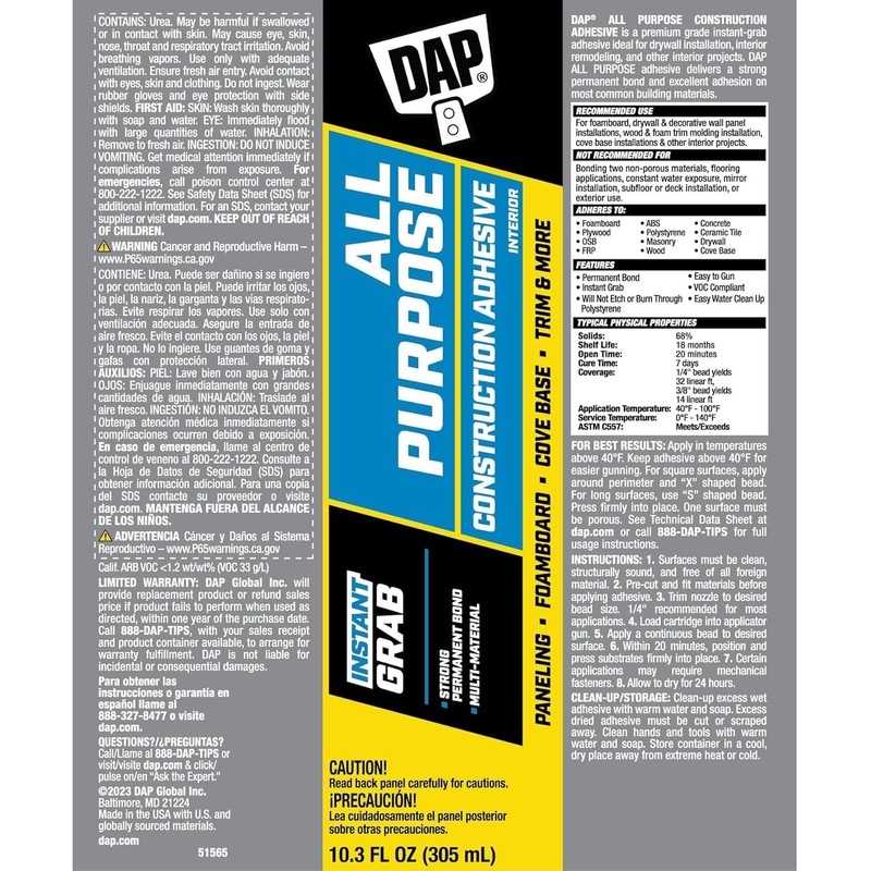10.3 Oz Dap 27501 All Purpose Construction Adhesive