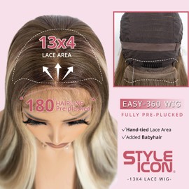 Style Icon Easy-360 Lace Wigs 28 inch Brown Highlight Free Part Lace Frontal Wigs 13x4 HD Glueless Straight Layered Lace Front Wig for Women Synthetic Wig