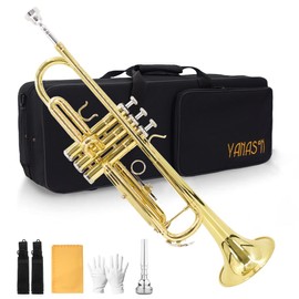 YANASON Bb Standard Trumpet Set for Beginner, Brass Student Trumpet Instrument with Lightweight portable Case, Cleaning Kit, 7C Mouthpiece and Gloves(Gold)