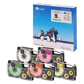 G&G Nameland Compatible Tape, Width 9mm, 5 Colors Set (White/Black)+Fluorescent Length 5.5m (Orange, Green, Yellow, Pink/Black), Length 8m for Casio