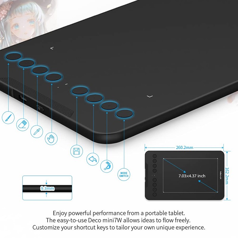 XP-PEN Deco Mini 7W Grafiktablett, 7,03''x4,38'' Pad, 2.4G Wireless Stift