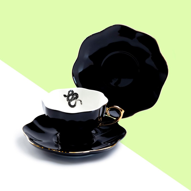 Grace Teaware Black Gold Tea Cup and Saucer with Gold