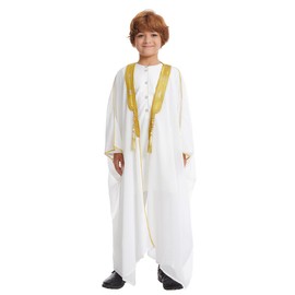 IDOPIP Muslim Thobe for Boys Islamic Arabic Kaftan Robe Ramadan Kids Long Sleeve Embroidery Tassels Open Front Cardigan Kaftan Robe Middle East Dubai Thobes Arab Prayer Abaya Clothes White 11-12 Years