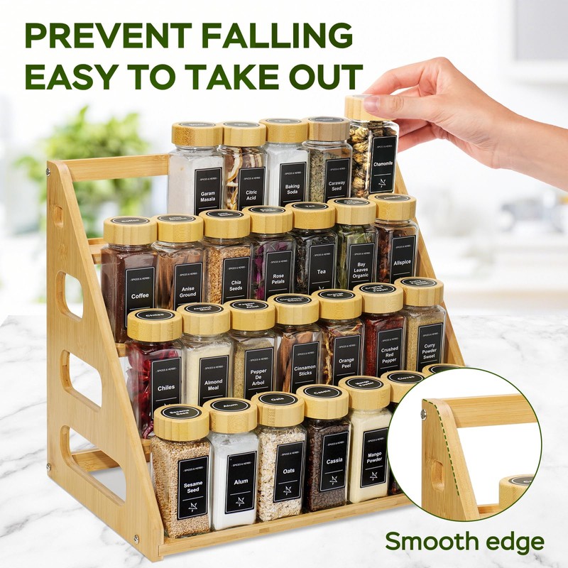 4 Tier Bamboo Spice Rack Organizer with 28 Spice Jars,