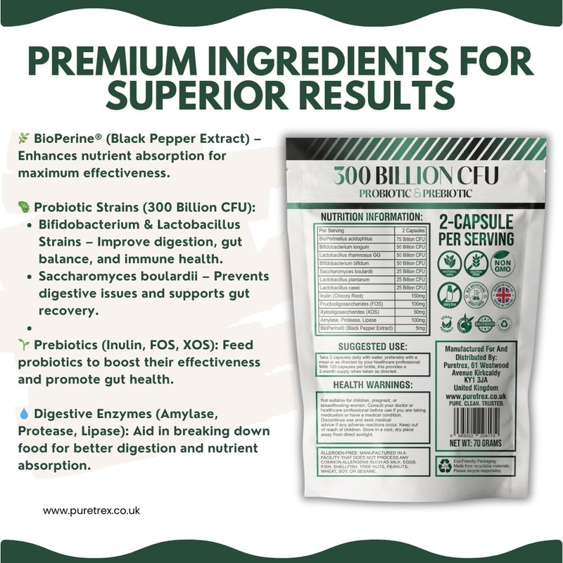 PURETREX 300 Billion CFU Probiotic & Prebiotic Multi-Strain Formula, Synbiotic