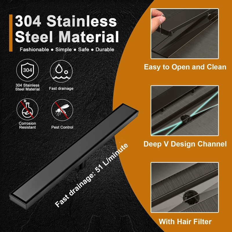 EBYTE Black Linear Shower Drain 24 Inch - SUS 304