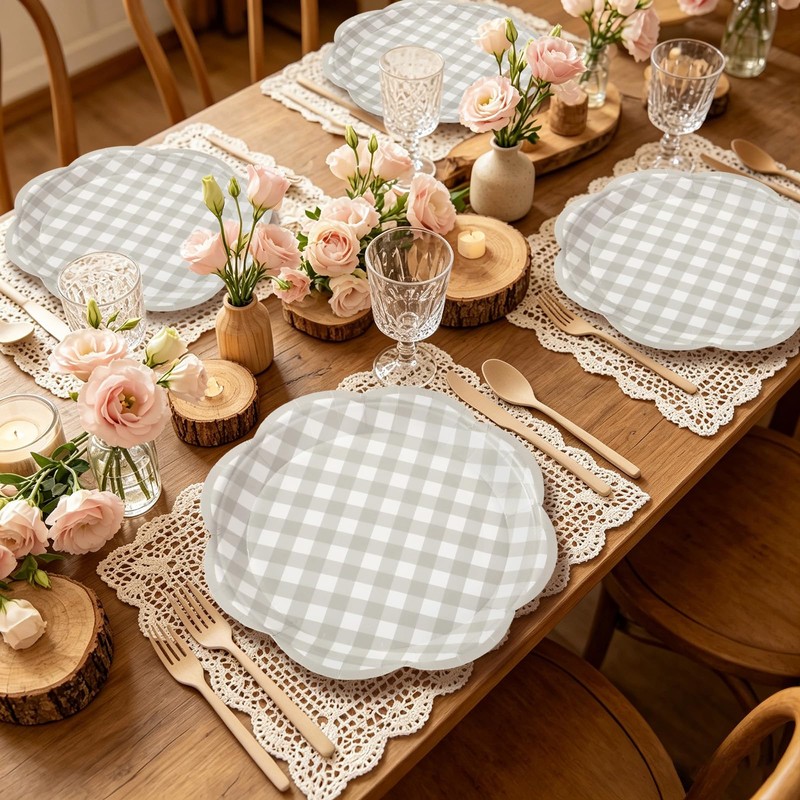 60Pcs Fall Gingham Paper Plates, Light Gray, 7 Inch