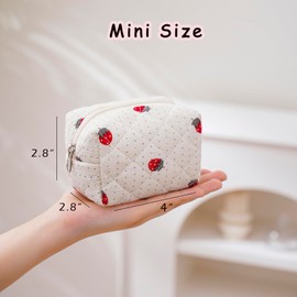Cute Cotton Mini Cosmetic Bags for Purse,Featherweight Small Quilted Makeup Bag with Zipper, Lipstick Pouch Organizer for Women Girls(01Strawberry)