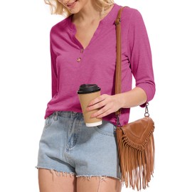 Dimur Dimur Womens Tops Trendy 2025 Spring Summer V Neck Button Down 3/4 Sleeve Shirts Cute Ladies Tops and Blouse Rose Medium