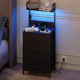 Somdot Black Nightstand with Charging Station and LED Lights, Bedside Table Tall Night Stand with 4 Fabric Drawers and Top Shelf for Bedroom Guest Room Dorm Hallway