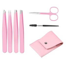 Fokmuaex 6Pcs Eyebrow Tweezers Set - Stainless Steel Slant & Pointed Tips with Small Scissors & Brush, Precision Hair Removal Tools