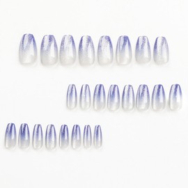 DOCVOEOMH Ombre Blue White Press on Nails Short Medium Coffin Acrylic Fake Nails with Glitter Design Glue on Glossy Full Cover Artificial Gel False Stick on Nail for Girls Women Wedding Manicure 24Pcs
