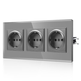CNBINGO Schuko Socket with Claws - Triple Wall Socket with Glass Panel - 16 Amp EU Standard Socket Flush-Mounted with Child Lock - Triple Grey