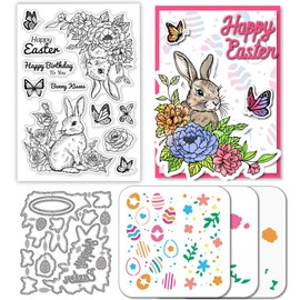 GLOBLELAND Easter Bunny Stamp and Cutting Dies Set for Card Making Easter Eggs Stamps and Stencils Greetings Embossing Stencil for DIY Scrapbooking Crafts Album Accessories