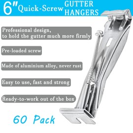 6inch Gutter Hangers (60Pcs) with Pre-Inserted Quick Screw Gutter Clips, Hidden Bracket Clips for 6" K-Style Aluminum Gutters - Come with 1/4” Hex Drill Bit