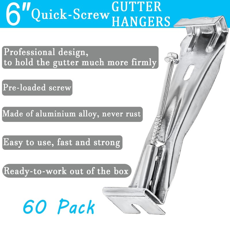 6inch Gutter Hangers (60Pcs) with Pre-Inserted Quick Screw Gutter Clips,