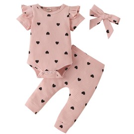 Fullfamous Infant Baby Girl Clothes Outfits,Spring Summer Romper and Pant Set 6-9 months Pink Heart