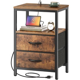 Huuger Nightstand with Charging Station, Fabric Drawers, End Table with Open Shelf, Bedside Table with USB Ports and Outlets, Night Stand for Bedroom, Rustic Brown