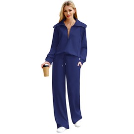 XIEERDUO Vacation Outfits Lounge Sets For Women Half Zip Sweatshirt Wide Leg Sweatpant Navy Blue S
