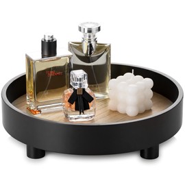 Hanobe Round Decorative Vanity Tray: Bathroom Perfume Dresser Trays for Women Black Circle Pedestal Stand Decor Wood Riser for Display