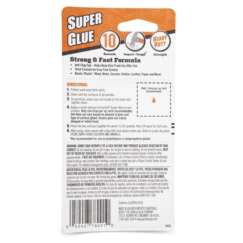 Gorilla Super Glue, Two 3 Gram Tubes, Clear, (Pack of