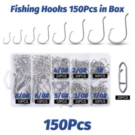 Goture Fishing Hook Set (150 Pieces, 1# to 1/0#, 8 Sizes) with Quick Snap, For Fishing, Sea Fishing, Freshwater Fishing, Catfish, Trout, Medallion, Salmon, Suzuki