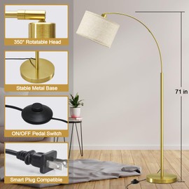 71" Gold Floor Lamp, Arc Floor Lamp for Living Room with Adjustable Drum Lampshade, Modern Tall Standing Lamp with On/Off Foot Switch, Over Couch Arched Reading Light for Reading, Bedroom, Office