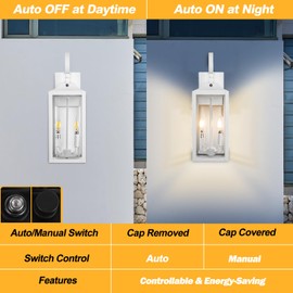 Yolsunes White Dusk to Dawn Outdoor Wall Lantern 2-Light, 19" Large Outside Modern Wall Sconce Light Fixture, Industrial Porch Light Wall Mount with Glass, Waterproof Farmhouse Exterior Lamp Lighting