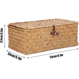 Yosoo Cajas de Cestas de Pasto Marino Tejidas a Mano, Contenedor de Almacenamiento de Ratán Natural con Tapa, Organizador de Escritorio para Accesorios para el Cabello, Joyería, (S)