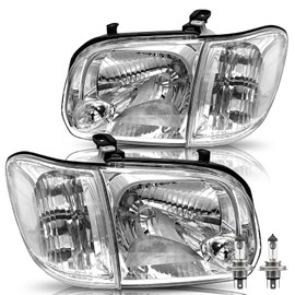 BRYGHT Headlight Assembly Fit for 05 to 06 Toyota Tundra & 05 to 07 Toyota Sequoia Double/Crew Cab 4-Door Left and Right Side Chrome Housing with Clear Reflector，w/Bulbs