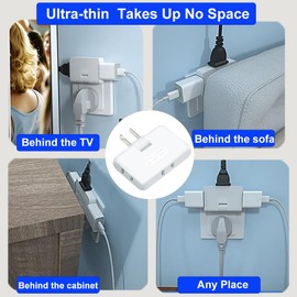 3 Way Flat Wall Outlet Extender,2 Prong180 Degree Portable Swivel Wall Tap Plug,Ultra Thin Folding Electrical Outlet Splitter (Easy Install),Type A,White,Pack of 2