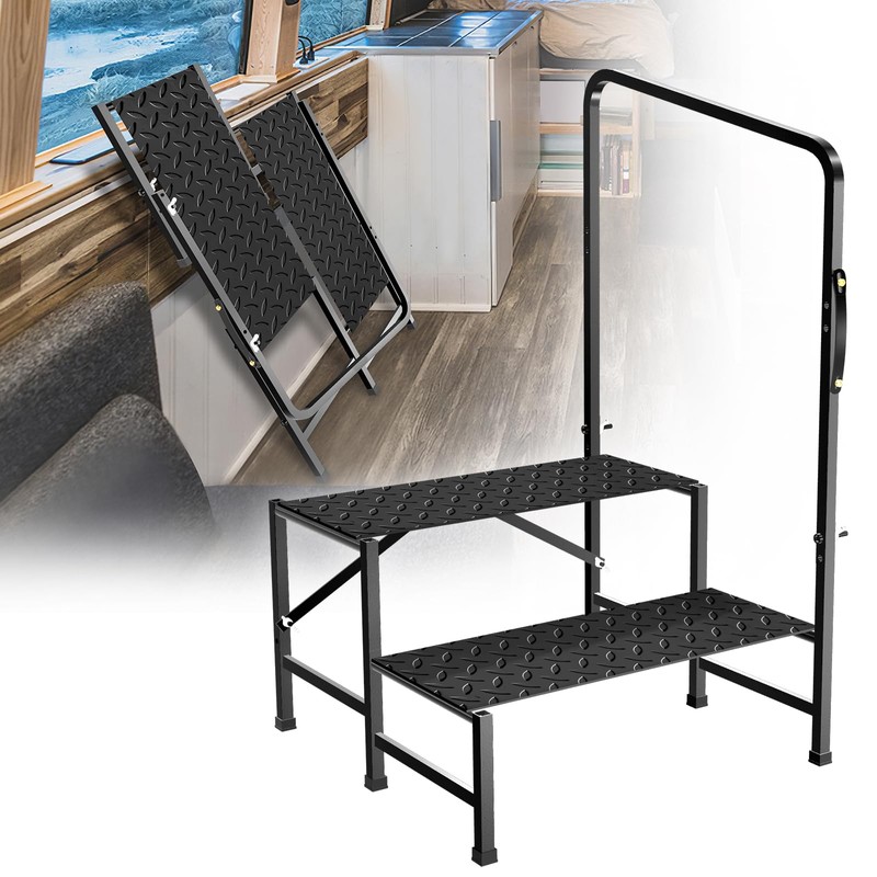 BuyGoe RV Step with Handrail, 2 Steps with Handle RV