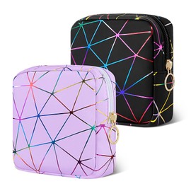 Likesing Tampon Sanitary Pads Storage, Pack of 2 Mini Sanitary Napkin Storage Bag, Waterproof PU Leather Tampon Bag, Organiser Bag for Women and Girls, Black and Purple