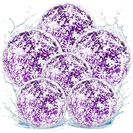 QOUBAI 6 Pcs Inflatable Glitter Beach Balls 16 Inch 24 Inch Large Sparkly Confetti Swimming Pool Balls Clear Sequin Floatable Blow up Balloons Toys for Summer Wedding Birthday Party Decor (Purple)