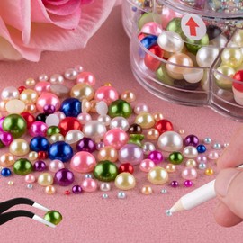 Nail Art Flat Back Half Round Pearl Kits 14, 1 Box of 6000 Pcs Flat-Back Mixed Color Pearl with Tweezer and Picker Pencil for Home DIY Nails Body Face Craft and Salon Use