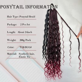 2Pcs Goddess Box Braid Ponytail Extension with Elastic Tie 24inch Long Box Braided Ponytail Hair Tie Wrap Around Braid Ponytail Synthetic Hairpieces for Women Daily Wear (T1B/BUG#)
