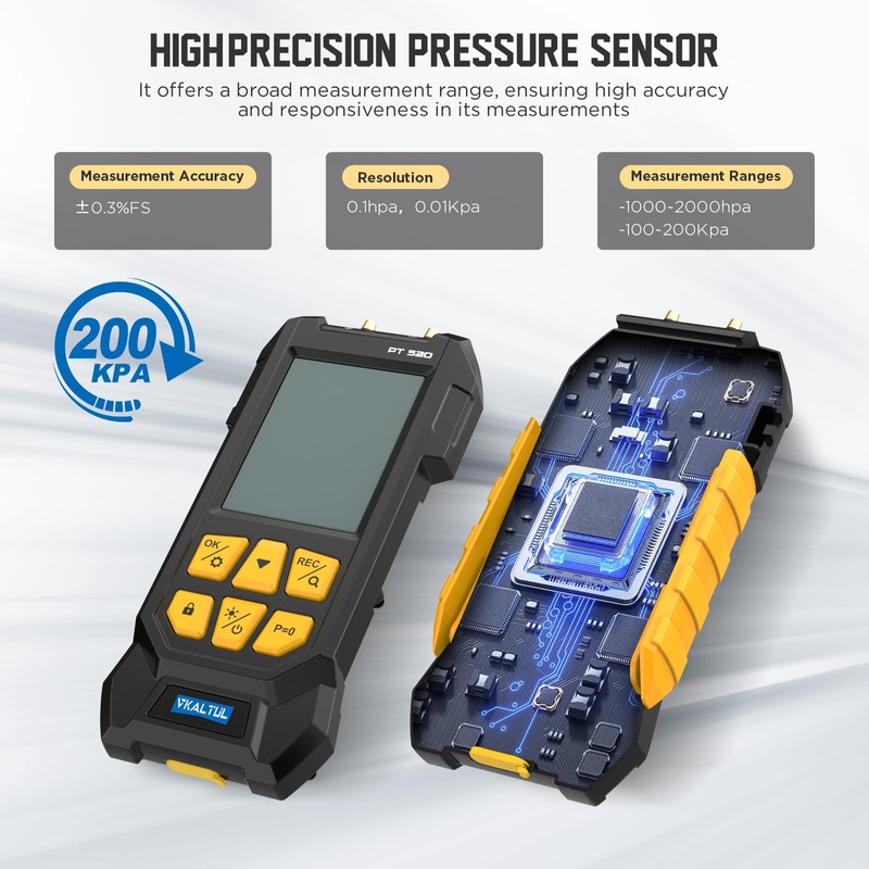 VKALTUL Digital Manometer PT520,Dual Port Air Gas Pressure Tester Differential