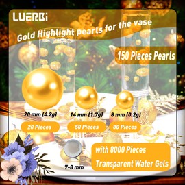 Golden Yellow Vase Filler Decor | Golden Yellow Floating Pearls | 150 PCS Golden Yellow Pearls Bead for Centerpieces Vases, No Hole Beads | 8/14/20 mm Floating Beads | Pearl Vase Filler Party Decor